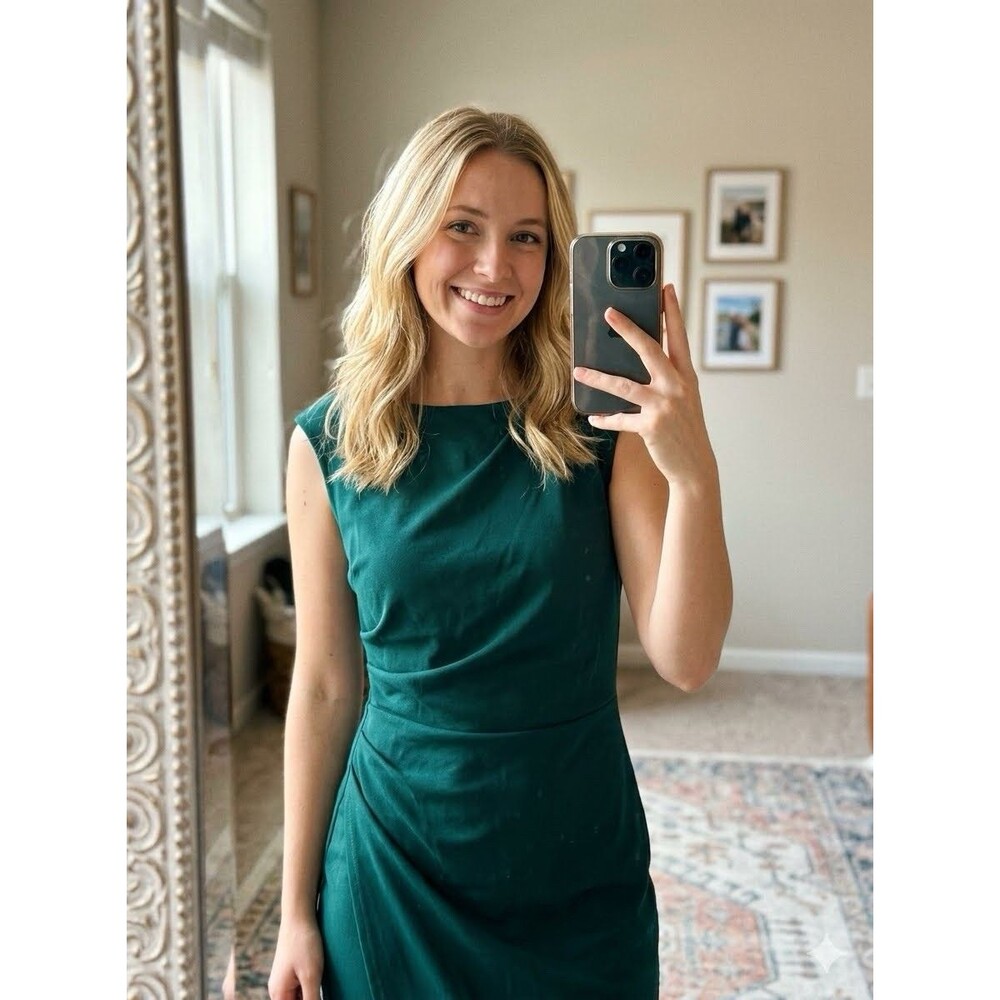 Green Knit Ruched Sheath Dress Sleeveless Scoop Neck Knee Length Zip Size S